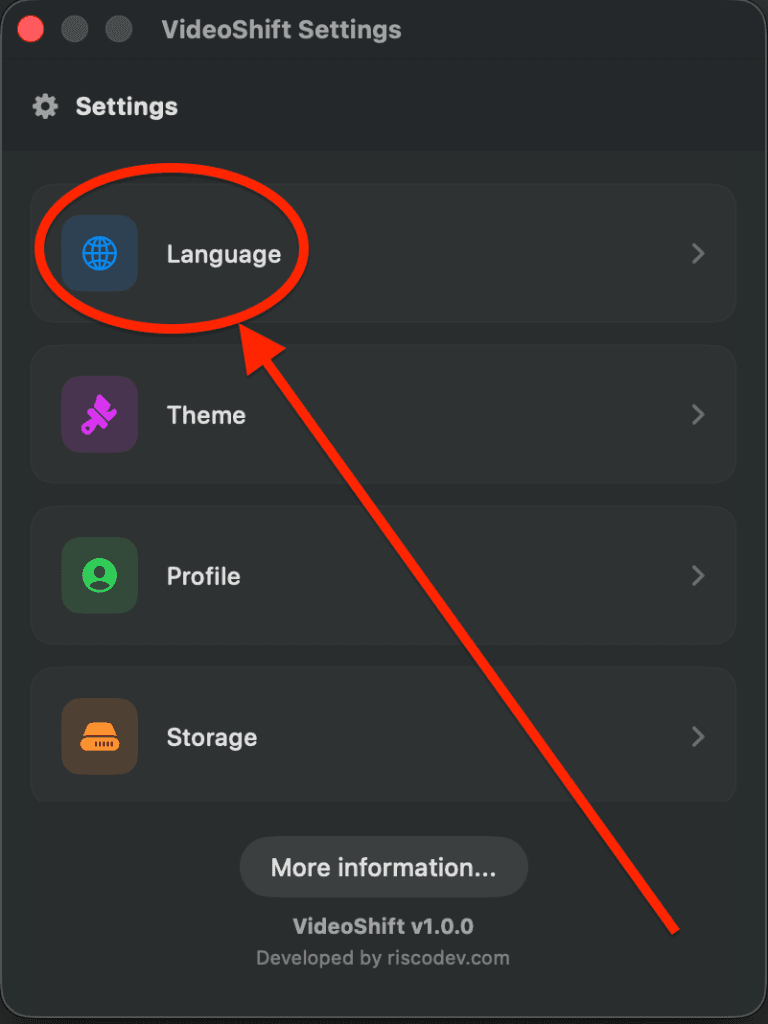 Main Screen showing the Settings button